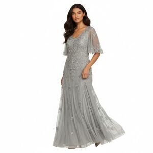 NEW Adrianna Papell Beaded Wide Sleeve Gown Maxi Dress 12 Silver Gray $349